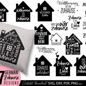 Könnte beinhalten: Eine Sammlung von 17 deutschen "Zuhause"-Designs in Schwarz und Weiß, darunter hausförmige Grafiken mit Sätzen wie "Zuhause ist, wo die Liebe wohnt" und "Willkommen bei uns zuhause". Ein Kissen mit einem Hausdesign ist ebenfalls abgebildet.