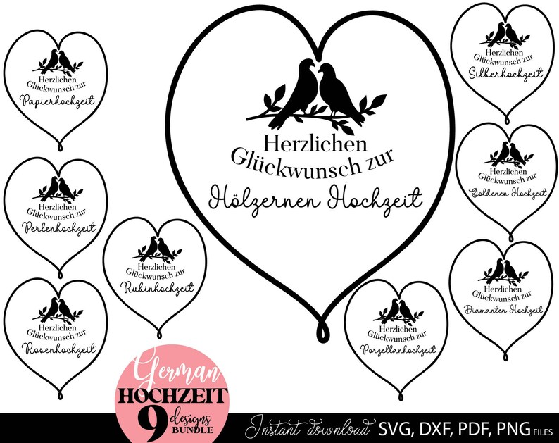 Set aus neun eleganten Herz Designs mit Vögel Motiv und Schriftzug „Herzlichen Glückwunsch zur Hochzeit“ für verschiedene Hochzeitsjubiläen wie Papierhochzeit, Silberhochzeit, Goldene Hochzeit, Diamanten Hochzeit und mehr. Die romantischen Motive eignen sich ideal für Geschenke, Karten, Kissen, Wanddeko und kreative DIY Projekte. Klare Linien, moderne Typografie und liebevolle Details machen diese Designs perfekt für Paare und besondere Jubiläumsanlässe im deutschsprachigen Raum.