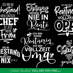 Kreatives Rentner SVG Bundle mit deutschen Sprüchen rund um Ruhestand, Rente und humorvolle Lebensweisheiten. Enthält moderne Typografie Designs wie „Ich bin im Ruhestand“, „Vollzeit Opa“, „Alt genug für die Rente“ sowie dekorative Schriftzüge für Männer und Frauen. Ideal für DIY Projekte wie T-Shirts, Tassen, Geschenke zum Renteneintritt oder personalisierte Dekoration. Perfekt geeignet für Plotterarbeiten mit stilvollen und lustigen Designs für den neuen Lebensabschnitt.