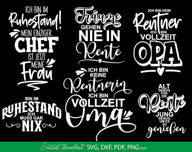 Kreatives Rentner SVG Bundle mit deutschen Sprüchen rund um Ruhestand, Rente und humorvolle Lebensweisheiten. Enthält moderne Typografie Designs wie „Ich bin im Ruhestand“, „Vollzeit Opa“, „Alt genug für die Rente“ sowie dekorative Schriftzüge für Männer und Frauen. Ideal für DIY Projekte wie T-Shirts, Tassen, Geschenke zum Renteneintritt oder personalisierte Dekoration. Perfekt geeignet für Plotterarbeiten mit stilvollen und lustigen Designs für den neuen Lebensabschnitt.