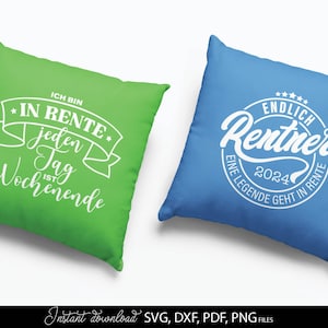 Rentner SVG Bundle mit 11 humorvollen deutschen Sprüchen und Designs rund um Rente und Ruhestand. Enthält Motive wie Endlich Rentner 2024, Ich bin in Rente, Rentner musste lange arbeiten sowie kreative Typografie mit Krone, Herz und Sonnenbrille. Modernes schwarz weiß Design eignet sich perfekt für T-Shirts, Tassen, Geschenke und DIY Projekte zum Ruhestand. Ideal für Plotter Dateien zur Gestaltung persönlicher Rentner Geschenke und witziger Dekoration.