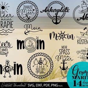 German Maritim SVG PNG Bundle – 14 Designs mit Küstenmotiven und Sprüchen wie Moin, Ahoi, Zuhause am Meer, Meer geht immer, Ankerplatz