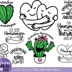 Puede incluir: Una colección de nueve diseños de abrazos con temática alemana. Los diseños incluyen corazones abrazándose, cactus y manos, con frases como "Abrazos gratis" y "¡Los abrazos valen más que 1.000 palabras!" en escritura negra. Descarga instantánea disponible.