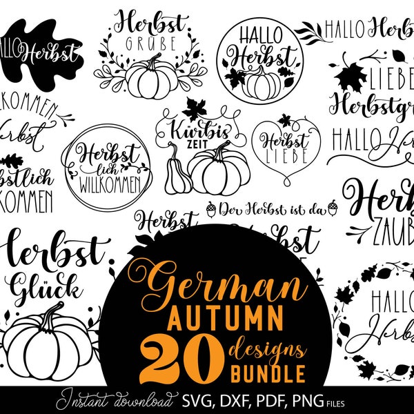 Archivo de trazador de otoño alemán SVG DXF PNG Hola otoño Saludo Cricut Hoja Silueta Descargar Plotter Archivo Conjunto Hojas de calabaza de otoño svg