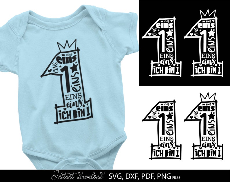 Schwarzes typografisches Design mit der Zahl 1 in kreativer Schriftgestaltung und kleinen Sternen sowie Herzsymbolen, kombiniert mit dem Text „Ich bin 1“ und mehrfach wiederholtem Wort „eins“. Das Motiv ist auf einem hellblauen Babybody dargestellt und zusätzlich in verschiedenen Farbvarianten als Grafik gezeigt. Perfekt geeignet für den ersten Geburtstag eines Kindes, für DIY Projekte wie Kleidung, Deko oder personalisierte Geschenke zur Feier des ersten Lebensjahres.