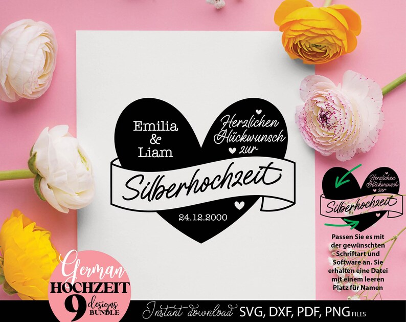 Set aus neun personalisierbaren Hochzeitsjubiläum Designs mit Herzmotiv und Schriftzug „Herzlichen Glückwunsch zur Hochzeit“. Enthält verschiedene Jubiläen wie Papierhochzeit, Silberhochzeit, Goldene Hochzeit, Diamanten Hochzeit, Rubinhochzeit und mehr. Modernes Design geeignet für Kissen, Poster, Geschenke und DIY Projekte. Die Vorlage bietet Platz für Namen und Datum und ist ideal als persönliches Geschenk für Paare im deutschsprachigen Raum.