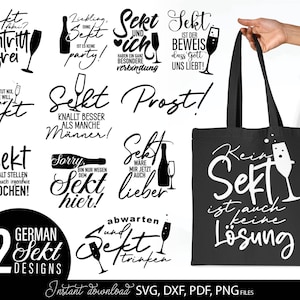 Puede incluir: Una bolsa de mano negra con texto blanco y una ilustración de copa de champán es sostenida por una persona. La bolsa dice "Kein Sekt ist auch keine Lösung". La imagen también presenta 12 diseños alemanes de Sekt en blanco y negro.