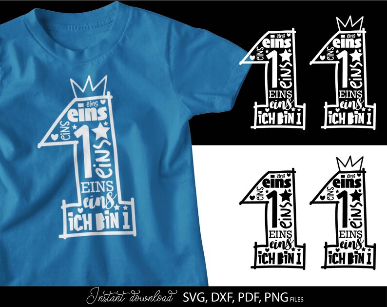 Schwarzes typografisches Design mit der Zahl 1 in kreativer Schriftgestaltung und kleinen Sternen sowie Herzsymbolen, kombiniert mit dem Text „Ich bin 1“ und mehrfach wiederholtem Wort „eins“. Das Motiv ist auf einem hellblauen Babybody dargestellt und zusätzlich in verschiedenen Farbvarianten als Grafik gezeigt. Perfekt geeignet für den ersten Geburtstag eines Kindes, für DIY Projekte wie Kleidung, Deko oder personalisierte Geschenke zur Feier des ersten Lebensjahres.