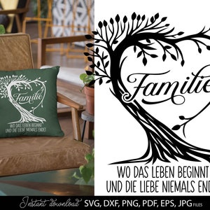 Puede incluir: Un cojín verde oscuro con un diseño de árbol blanco en forma de corazón, con la palabra alemana "Familie" y la frase "Wo das Leben beginnt und die Liebe niemals endet." El cojín está sobre una silla de madera.