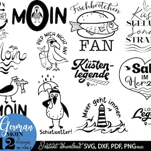 Puede incluir: Una colección de 12 diseños alemanes en blanco y negro. Los diseños incluyen elementos náuticos como un ancla, olas y un faro, junto con frases e ilustraciones de gaviotas, peces y pingüinos. El texto incluye "MOIN", "Küste" y "Salz".