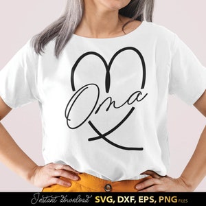 May include: White t-shirt with a black heart design and the word "Oma" inside the heart.