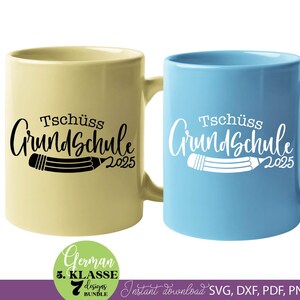 Graduation SVG bundle featuring German Tschüss Grundschule text designs with years 2025 to 2031 and pencil illustration elements. The typography combines playful handwritten style with school themed graphics, creating a meaningful graduation keepsake design. Perfect for creating t-shirts, gifts, school celebration items and DIY Cricut projects. Ideal for students finishing primary school and moving to the next stage, suitable for parents, teachers and graduation events.