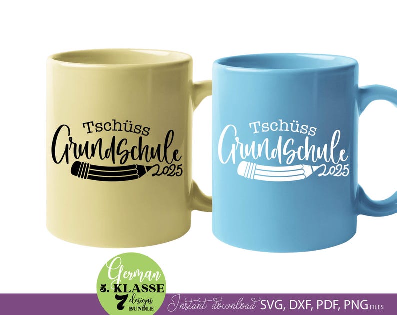 Graduation SVG bundle featuring German Tschüss Grundschule text designs with years 2025 to 2031 and pencil illustration elements. The typography combines playful handwritten style with school themed graphics, creating a meaningful graduation keepsake design. Perfect for creating t-shirts, gifts, school celebration items and DIY Cricut projects. Ideal for students finishing primary school and moving to the next stage, suitable for parents, teachers and graduation events.