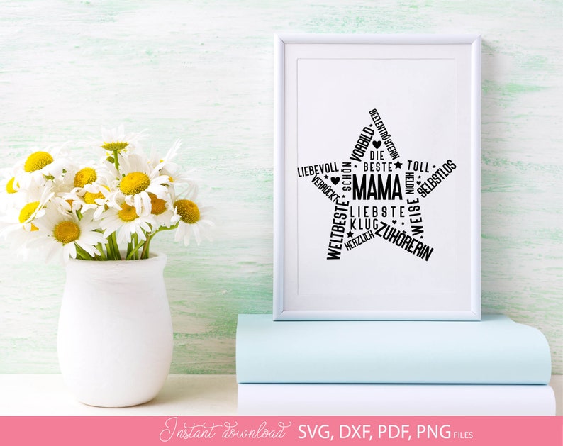 Typografisches Herz Design mit deutschen Worten rund um Mama wie beste Mama, liebevoll, Familie, Zuhörerin und Heldin. Das Motiv ist in Herzform gestaltet und eignet sich ideal für kreative Projekte wie T-Shirts, Geschenke zum Muttertag oder persönliche DIY Dekorationen. Die Kombination aus modernen Schriftarten und liebevollen Begriffen macht dieses Design perfekt, um Wertschätzung und Liebe zur Mutter stilvoll auszudrücken.