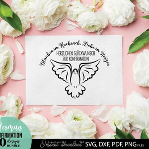 Konfirmation SVG Bundle mit christlichen Symbolen wie Taube, Kreuz, Herz und inspirierenden Sprüchen wie „Einladung zur Konfirmation“, „Herzlichen Glückwunsch“ und „Alles Liebe“. Stilvolle und moderne Designs ideal für Karten, Einladungen, Deko oder personalisierte Geschenke. Perfekt geeignet für DIY Projekte rund um Kirche, Glauben und besondere religiöse Anlässe wie Konfirmation.