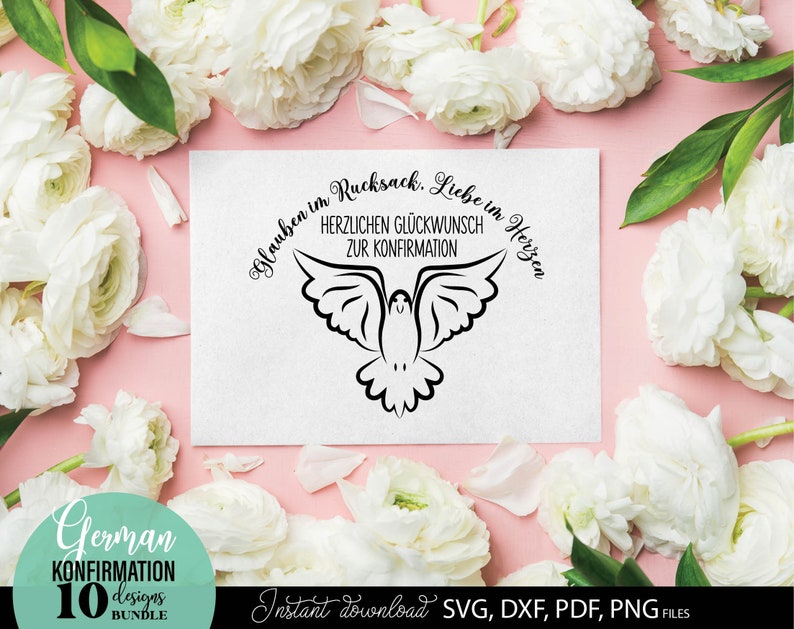 Konfirmation SVG Bundle mit christlichen Symbolen wie Taube, Kreuz, Herz und inspirierenden Sprüchen wie „Einladung zur Konfirmation“, „Herzlichen Glückwunsch“ und „Alles Liebe“. Stilvolle und moderne Designs ideal für Karten, Einladungen, Deko oder personalisierte Geschenke. Perfekt geeignet für DIY Projekte rund um Kirche, Glauben und besondere religiöse Anlässe wie Konfirmation.