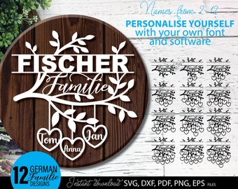 Familia SVG Namensschild Baum Design, personalizado Geschenk Holzschild Plotter Datei