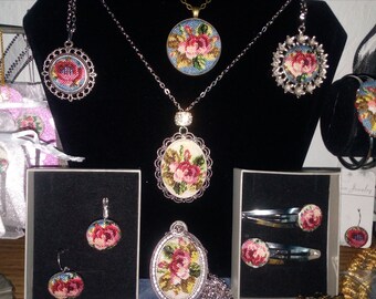 Victorian roses, hand embroidery, pendants, necklaces, jewelry, vintage, antique pendant, silver charm