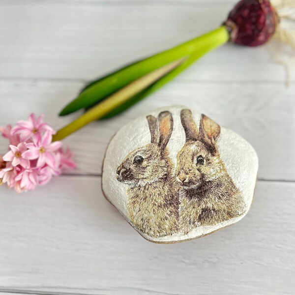 Rabbit on stone with decoupage technique, Easter decoration, Easter gift