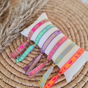 Text bracelet, adjustable size, fabric bracelet, boho style, Ibiza style, neon bracelets, friendship bracelets
