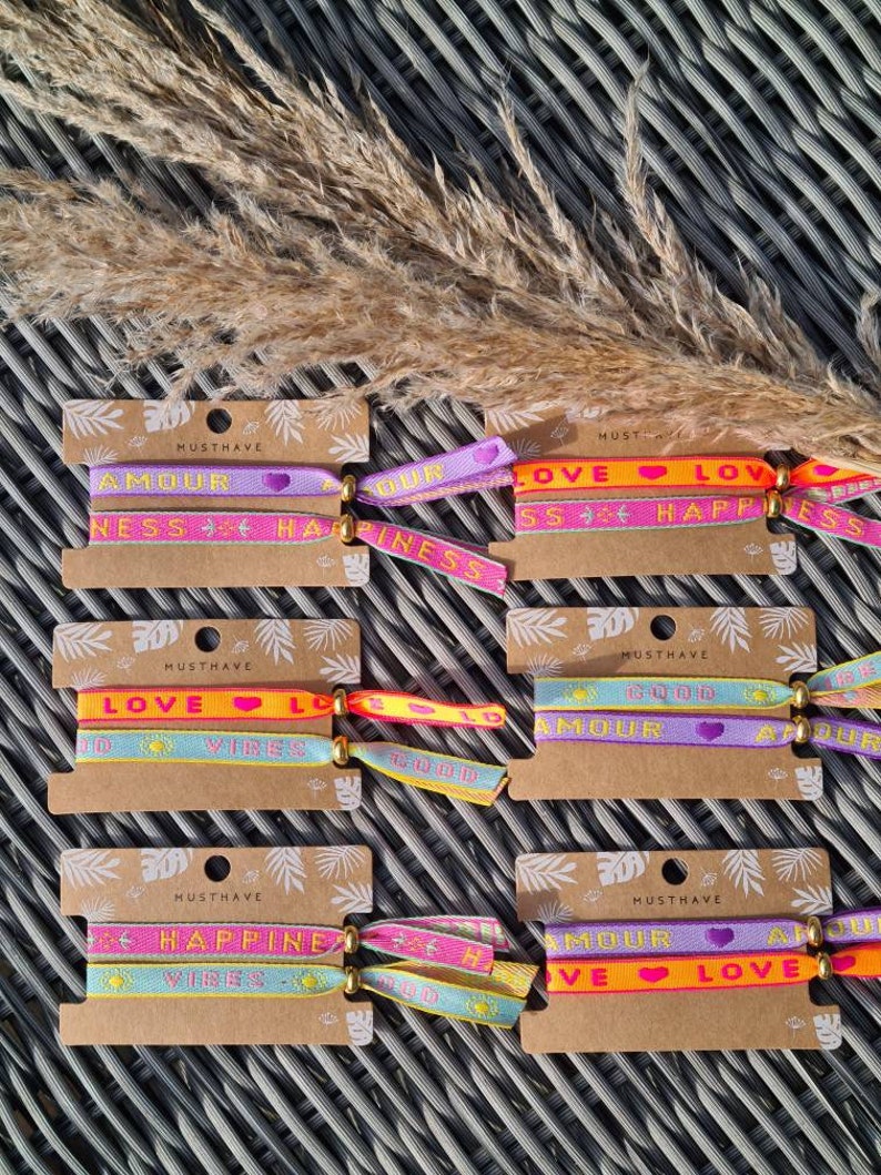 Pulsera texto, tamaño ajustable, pulsera de tela, estilo boho, estilo Ibiza, bandas neón, pulseras de la amistad imagen 2