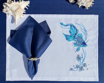 Set de manteles individuales con servilletas/Individuales bordados/Bordado pez mar playa/Individuales de desayuno/Individuales de verano