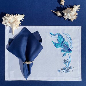 Placemats fish embroidered with blue napkin/Placemats handmade in Italy/Tank fish decorations on your table/Sea table decor/Sea placemats