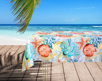Beach tablecloth/ Waterproof sea tablecloth rectangle oval round square/Summer tablecloth with corals/Outdoor tablecloth