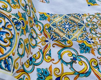 Fabric by yard Sicilian majolica print width 55&quot; cotton/ Fabric cotton trend for accessories or home textiles/ Upholstery fabric