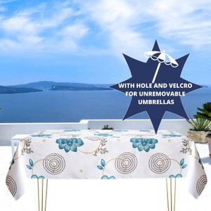 Blue and white floral tablecloth/Outdoor tablecloth with umbrella hole/Tablecloth for umbrella available oval round square rectangle