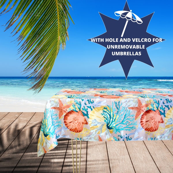 Outdoor tablecloth with umbrella hole sea themed available oval round square rectangle in different sizes/Waterproof tablecloth with shells