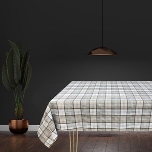 Custom Beige Brown Plaid Tablecloth – Soft Polyester, Handmade – Rectangle, Square, Oval, Round
