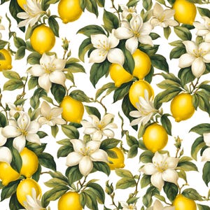 Può includere: Un motivo senza cuciture con limoni giallo brillante, fiori bianchi e foglie verdi su sfondo bianco. Il design presenta un tema botanico, con illustrazioni dettagliate di agrumi ed elementi floreali.