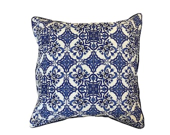 Coussin carré bleu/Coussin bleu/Coussin majolique bleu/Coussin décoratif/Coussin bleu Méditerranéen/Coussin en coton bleu