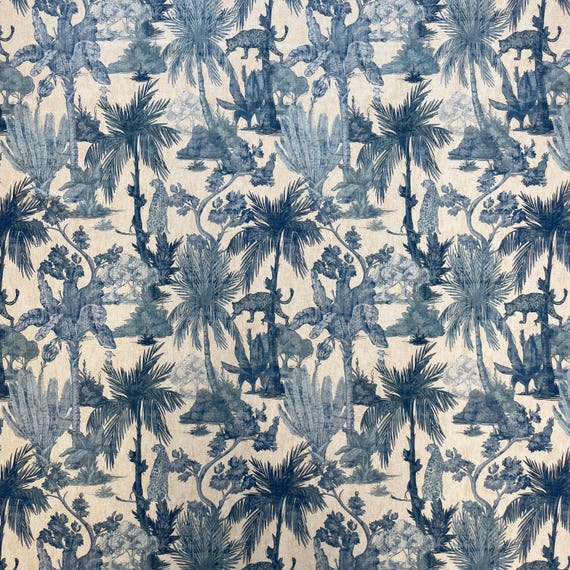 Tessuto Jungle Blu e Beige 280 cm | Stoffa Cotone Poliestere | Tessuto per Borse, Cuscini, Tende, Tovaglie, Copripiumini e Arredo Casa