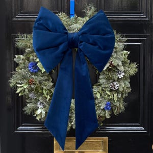 Blue Velvet Bow with Soft Padding - Handmade Christmas Decoration for Wreaths and Home Decor