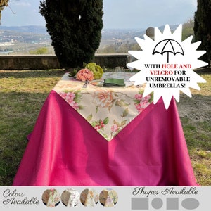 Waterproof floral tablecloth with hole for umbrellas Outdoor tablecloth yellow pink grey available in different sizes and shapes
