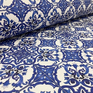 Tela de metro de mayólica azul ancho cm 280 de algodón/Tela de algodón para ropa o textiles para el hogar/Tela azul azulejo
