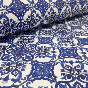 Majolica/Blue majolica fabric width 110" /Fabric by the yard/ Cotton fabric for clothing or home textiles/ Home decor