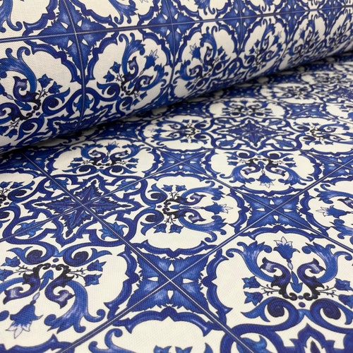 Tissu bleu mètre majolique largeur cm 280 coton/Tissu coton pour vêtements ou textiles maison/Tissu bleu carrelage