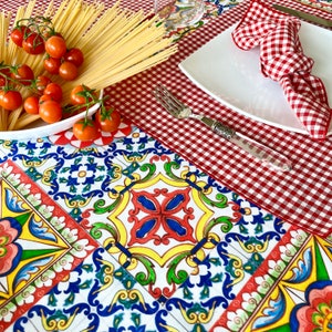 Italian table decorations/Sicilian Tablecloth majolica with red napkins oval rectangle square round different sizes/Majolica table cloth