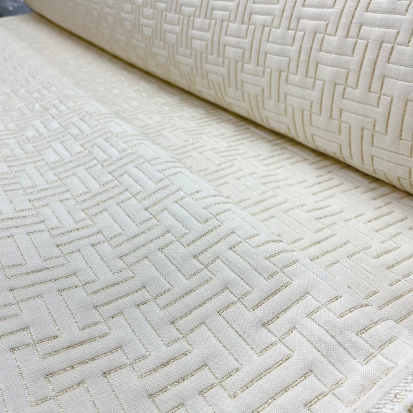 Tissu ivoire matelassé avec fil lurex or/Tissu géométrique/Tissu pour housses pouf coussins/Tissu pour lit housse canapé sacs