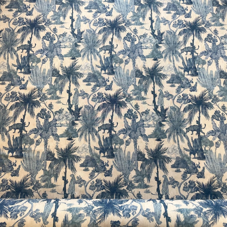 Stoffa fantasia tropicale blu e beige per tende / Tropical pattern fabric blue beige for curtains