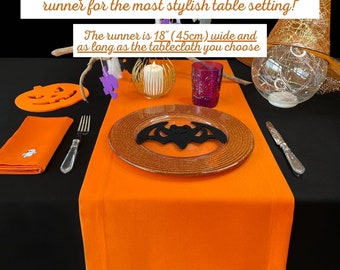 Abwaschbare schwarze Tischdecke mit orangen Servietten mit Kürbis, Skelett oder Mumie und Läufer/Tischdecke halloween