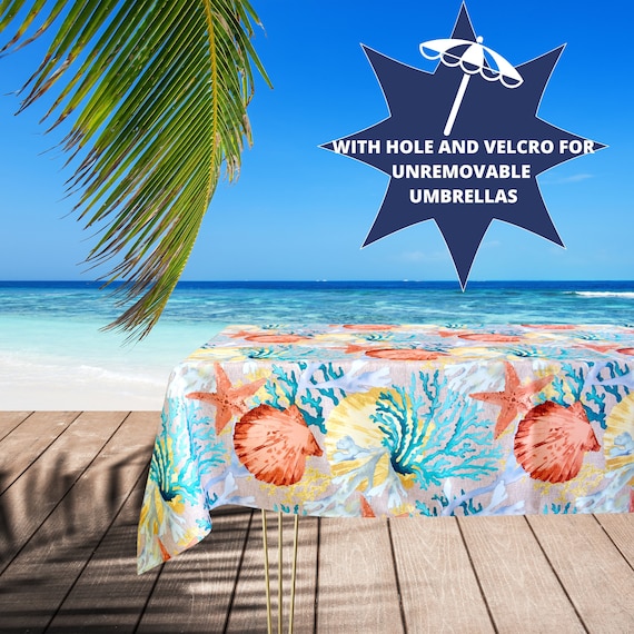 Outdoor Tablecloth With Umbrella Hole Sea Themed Available Oval