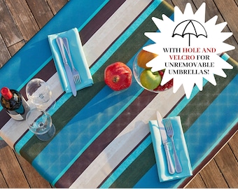 Fleckenabweisende, gestreifte Tischdecke mit Schirmloch, erhältlich in oval, rechteckig, quadratisch, rund, handgeschnitten, 100 % Made in Italy