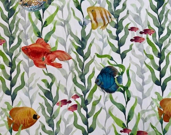Fabric sea themed/Sea cotton fabric for home furnishings and accessories/Sea pattern fabric/Fish fabric