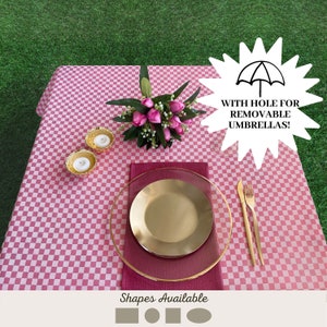 Tischdecke mit Loch für Sonnenschirm, abwischbar kariert rosa/Karierte Tischdecke rund oval quadratisch rechteckig