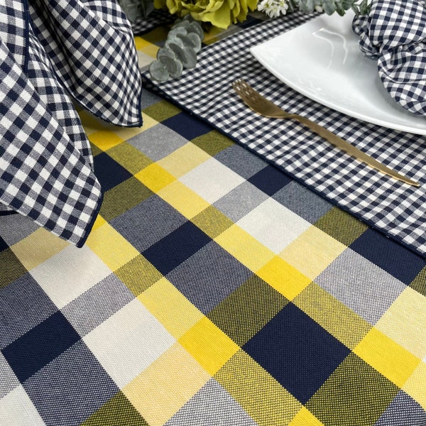 Checked blue yellow tablecloth oval rectangle square round with napkins blue vichy 100% Cotton Made in Italy Picnic tablecloth