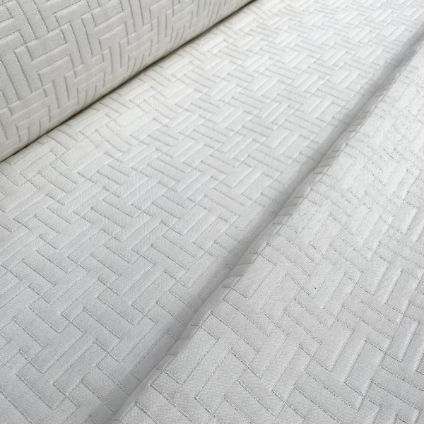 Tissu ivoire matelassé avec fil lurex argent/Tissu géométrique/Tissu pour housses pouf coussins/Tissu pour lit housse canapé sacs